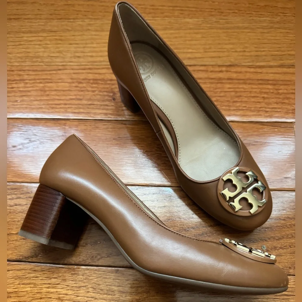 Tory Burch Tan Leather Block Heel Pumps with Gold Logo
